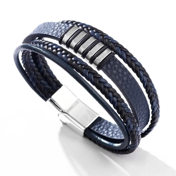 Bracelet homme en acier inoxydable et imitation cuir