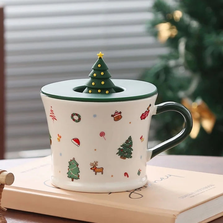 Mug en céramique de Noël avec couvercle en silicone décoré