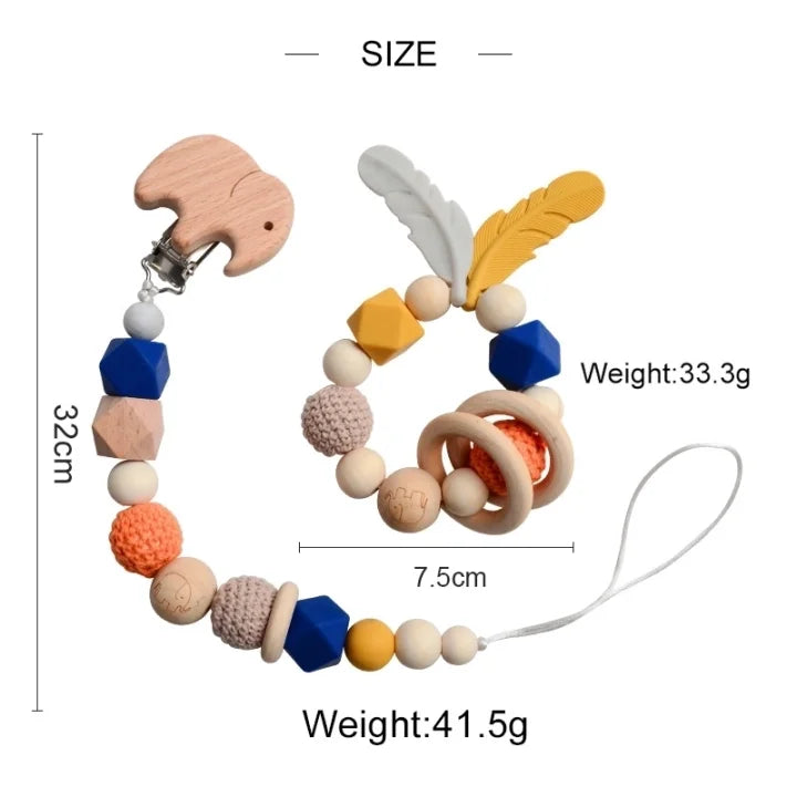 Deux pièces bois et silicone - Attache tétine + anneau assorti