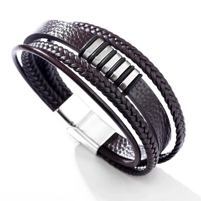 Bracelet homme en acier inoxydable et imitation cuir