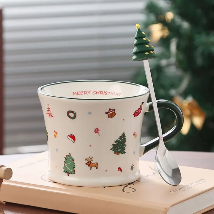 Mug en céramique de Noël avec cuillère en acier inoxydable / Personnage de Noël
