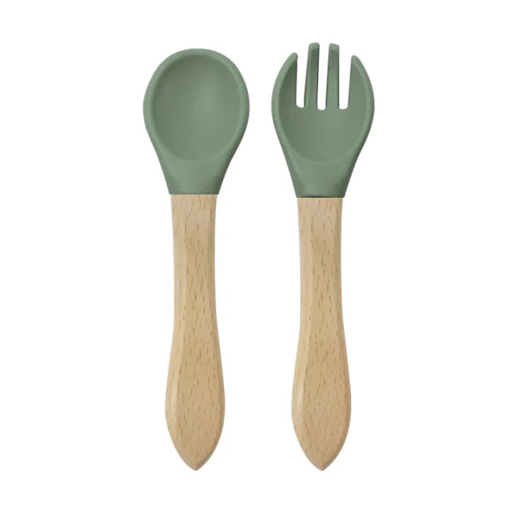 Ensemble cuillère et fourchette en bois et silicone