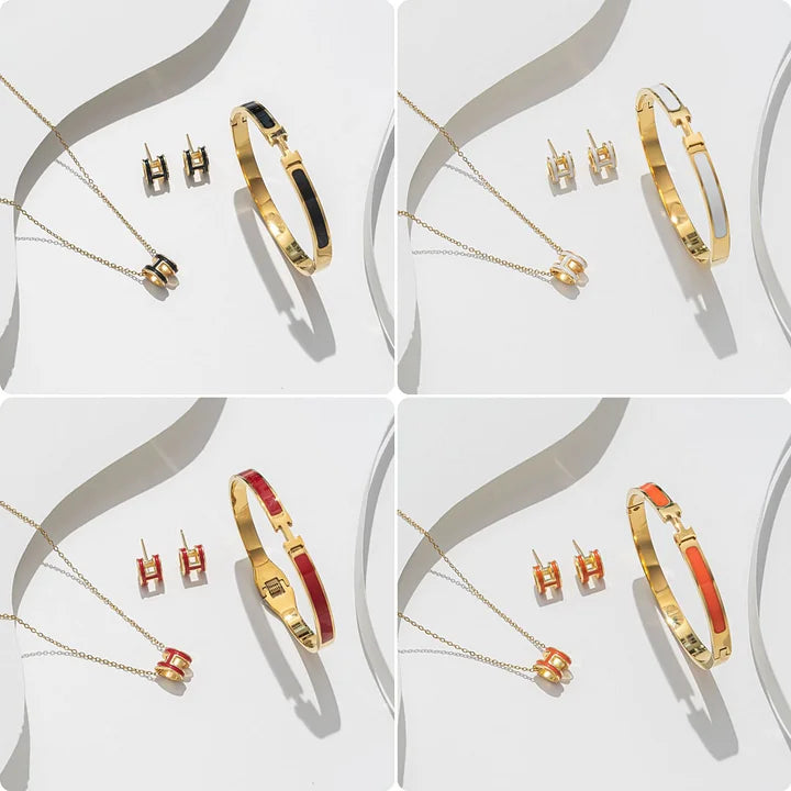 Parures trois pièces en acier titane - Bracelet, collier et boucles d'oreilles