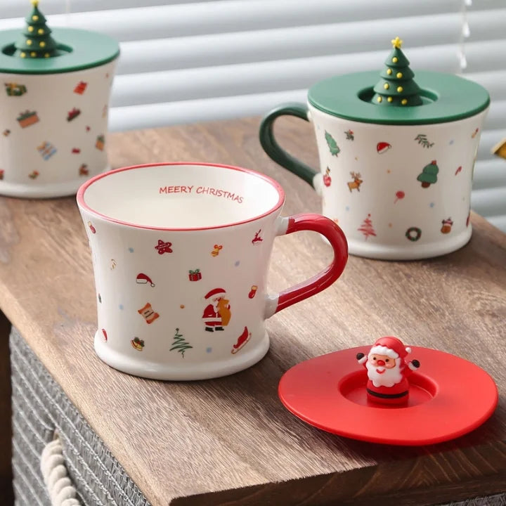 Mug en céramique de Noël avec couvercle en silicone décoré
