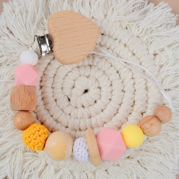 Attache tétine bois, coton et silicone